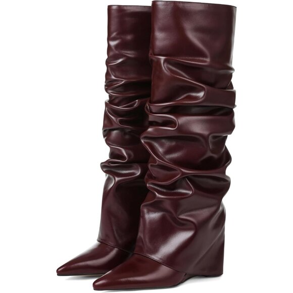 Women Burgundy Faux Leather Fold Over Knee High Wedge Heel Pointed Toe Tall Boot - Picture 1 of 7